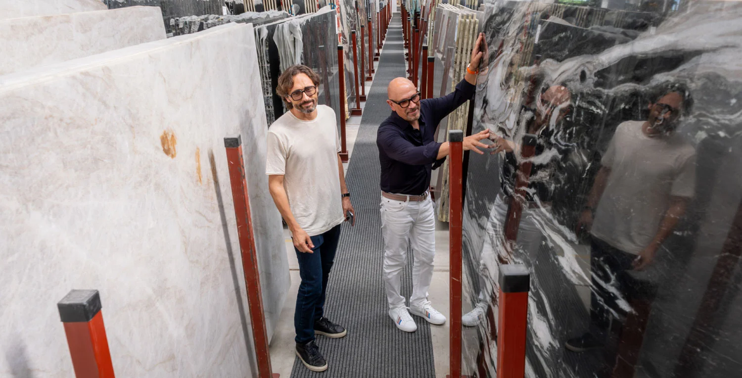 Materials stonework gallery - Dennis Fontana and Michael Gianquitto inspect and select luxury kitchen worktop materials for a client about to start work