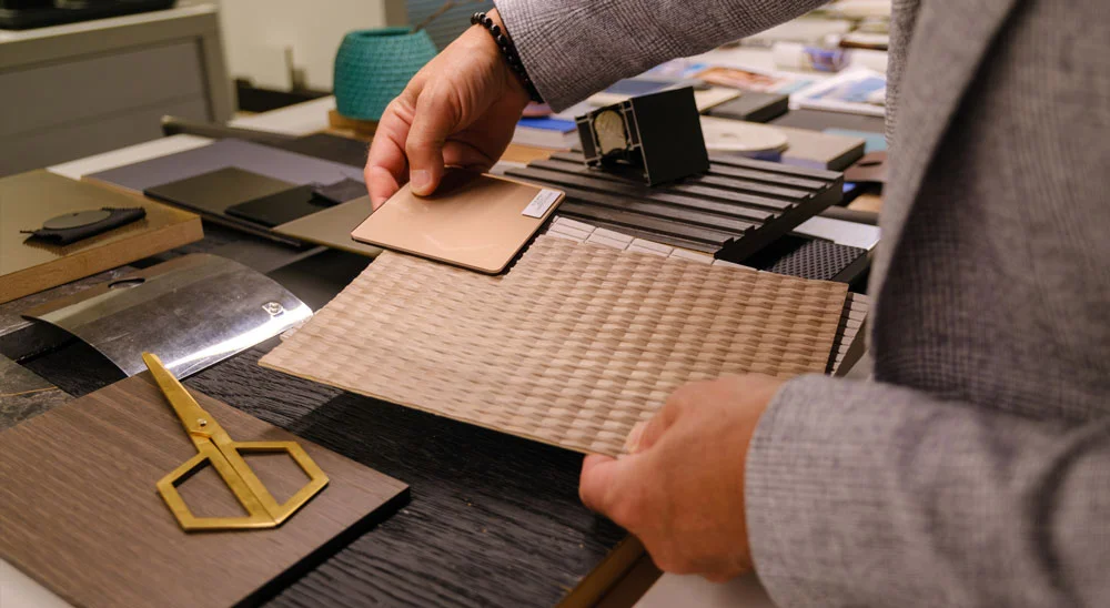 Process with Fontana London - Michael Gianquitto reviews materials with clients as part of the design process for a fully customised Italian kitchen in Chelsea